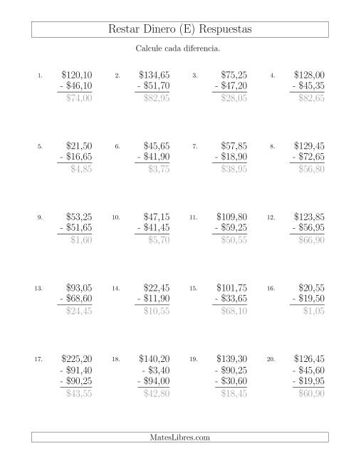 La hoja de ejercicios de Restar Pesos Mexicanos con Cantidades hasta $100 con Incrementos de 5 Centavos (E) Página 2