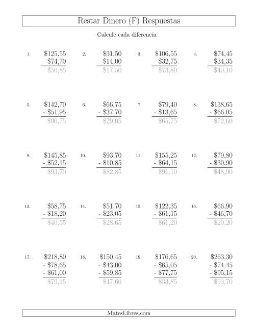 La hoja de ejercicios de Restar Pesos Mexicanos con Cantidades hasta $100 con Incrementos de 5 Centavos (F) Página 2