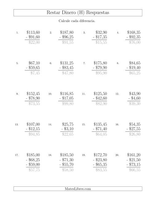 La hoja de ejercicios de Restar Pesos Mexicanos con Cantidades hasta $100 con Incrementos de 5 Centavos (H) Página 2