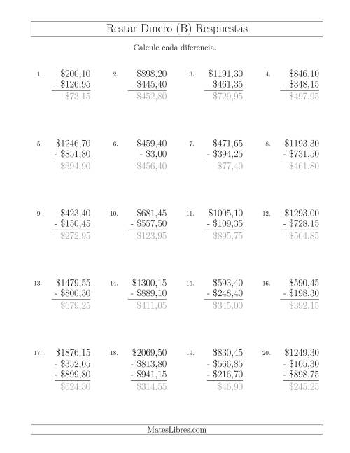 La hoja de ejercicios de Restar Pesos Mexicanos con Cantidades hasta $1000 con Incrementos de 5 Centavos (B) Página 2