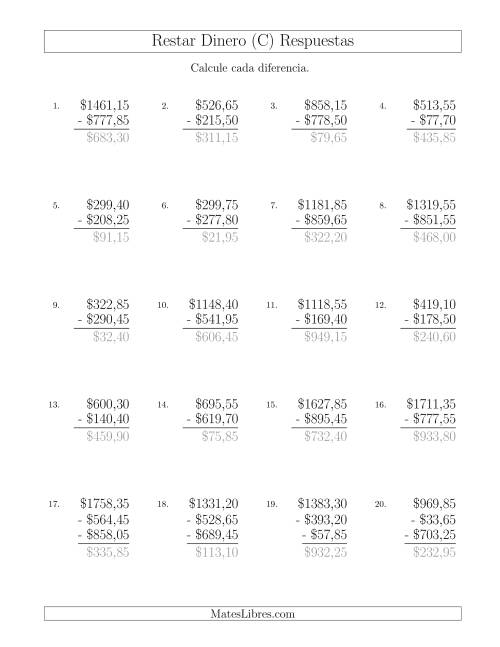 La hoja de ejercicios de Restar Pesos Mexicanos con Cantidades hasta $1000 con Incrementos de 5 Centavos (C) Página 2