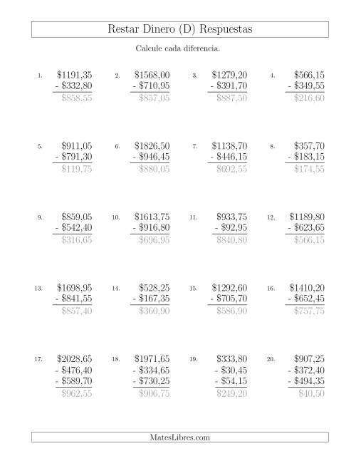 La hoja de ejercicios de Restar Pesos Mexicanos con Cantidades hasta $1000 con Incrementos de 5 Centavos (D) Página 2