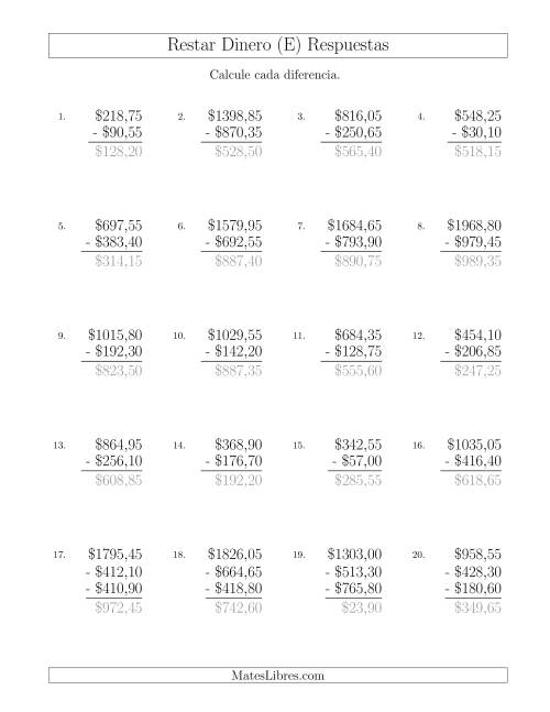 La hoja de ejercicios de Restar Pesos Mexicanos con Cantidades hasta $1000 con Incrementos de 5 Centavos (E) Página 2