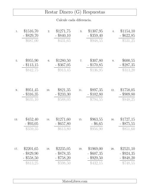 La hoja de ejercicios de Restar Pesos Mexicanos con Cantidades hasta $1000 con Incrementos de 5 Centavos (G) Página 2