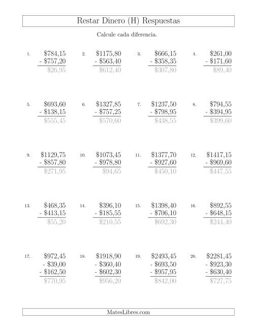 La hoja de ejercicios de Restar Pesos Mexicanos con Cantidades hasta $1000 con Incrementos de 5 Centavos (H) Página 2