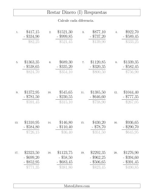 La hoja de ejercicios de Restar Pesos Mexicanos con Cantidades hasta $1000 con Incrementos de 5 Centavos (I) Página 2