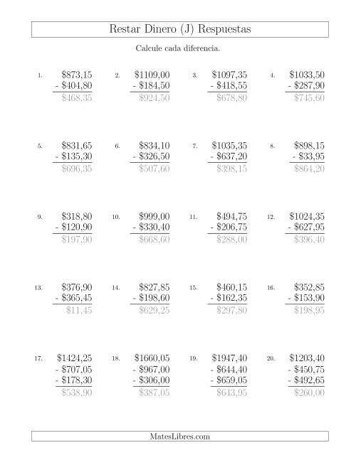La hoja de ejercicios de Restar Pesos Mexicanos con Cantidades hasta $1000 con Incrementos de 5 Centavos (J) Página 2