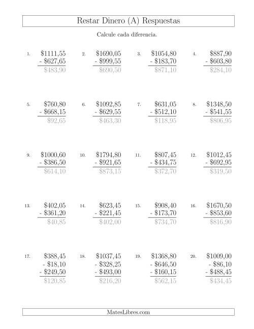 La hoja de ejercicios de Restar Pesos Mexicanos con Cantidades hasta $1000 con Incrementos de 5 Centavos (Todas) Página 2