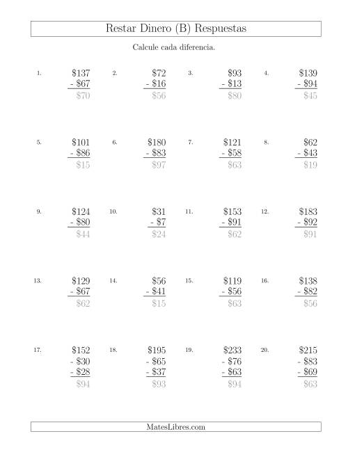 La hoja de ejercicios de Restar Pesos Mexicanos con Cantidades hasta $100 con Incrementos de $1 (B) Página 2