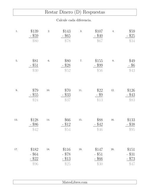 La hoja de ejercicios de Restar Pesos Mexicanos con Cantidades hasta $100 con Incrementos de $1 (D) Página 2
