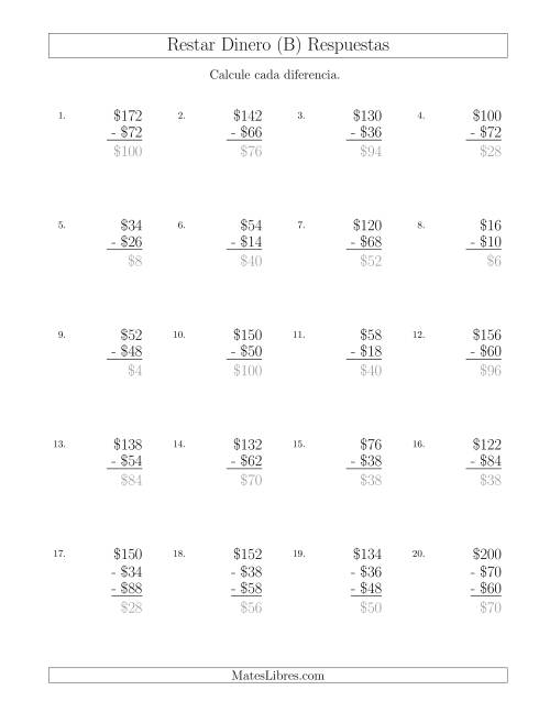 La hoja de ejercicios de Restar Pesos Mexicanos con Cantidades hasta $100 con Incrementos de $2 (B) Página 2