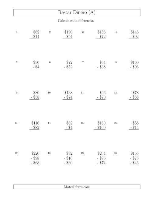 La hoja de ejercicios de Restar Pesos Mexicanos con Cantidades hasta $100 con Incrementos de $2 (Todas)