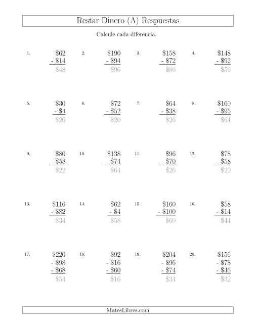 La hoja de ejercicios de Restar Pesos Mexicanos con Cantidades hasta $100 con Incrementos de $2 (Todas) Página 2