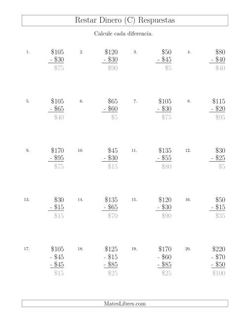 La hoja de ejercicios de Restar Pesos Mexicanos con Cantidades hasta $100 con Incrementos de $5 (C) Página 2