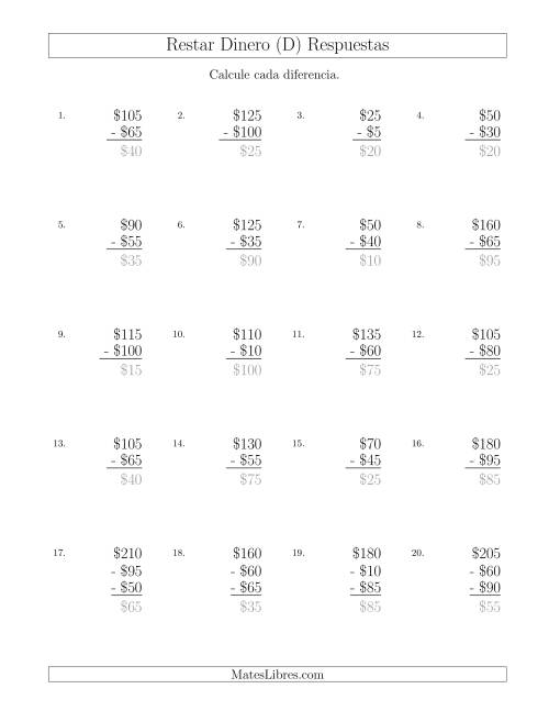 La hoja de ejercicios de Restar Pesos Mexicanos con Cantidades hasta $100 con Incrementos de $5 (D) Página 2