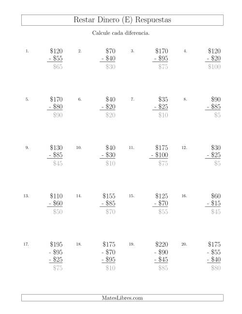 La hoja de ejercicios de Restar Pesos Mexicanos con Cantidades hasta $100 con Incrementos de $5 (E) Página 2