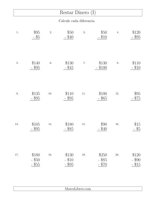 La hoja de ejercicios de Restar Pesos Mexicanos con Cantidades hasta $100 con Incrementos de $5 (I)