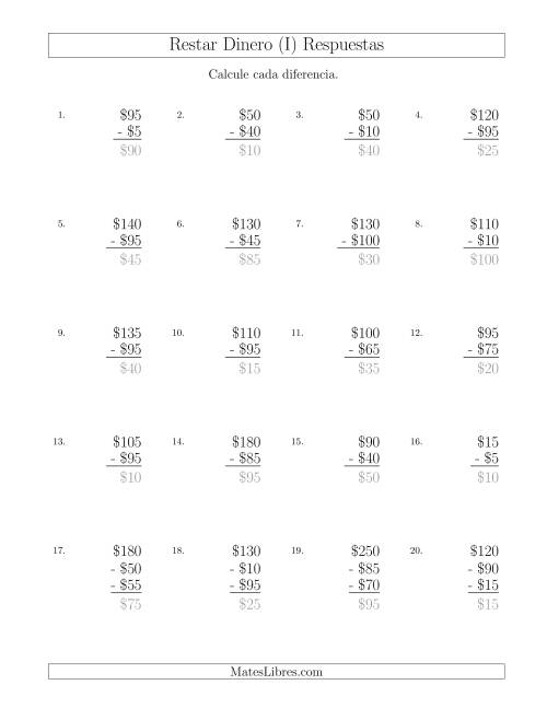 La hoja de ejercicios de Restar Pesos Mexicanos con Cantidades hasta $100 con Incrementos de $5 (I) Página 2