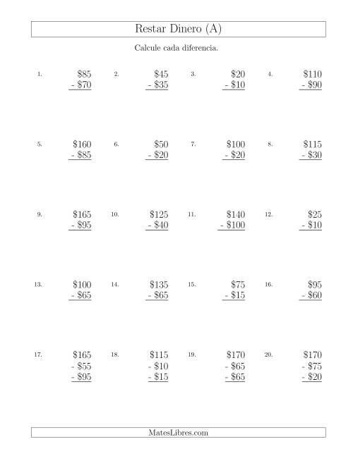 La hoja de ejercicios de Restar Pesos Mexicanos con Cantidades hasta $100 con Incrementos de $5 (Todas)