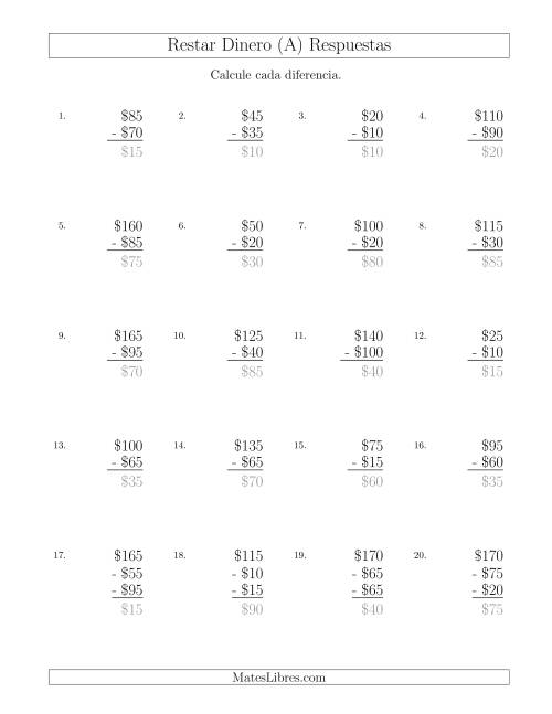 La hoja de ejercicios de Restar Pesos Mexicanos con Cantidades hasta $100 con Incrementos de $5 (Todas) Página 2