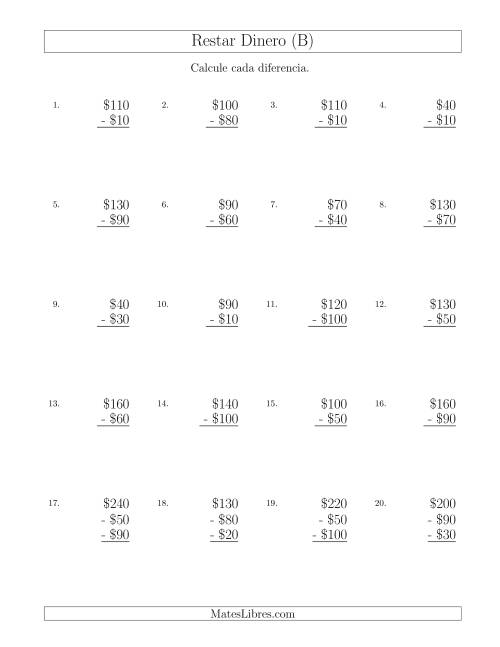 La hoja de ejercicios de Restar Pesos Mexicanos con Cantidades hasta $100 con Incrementos de $10 (B)