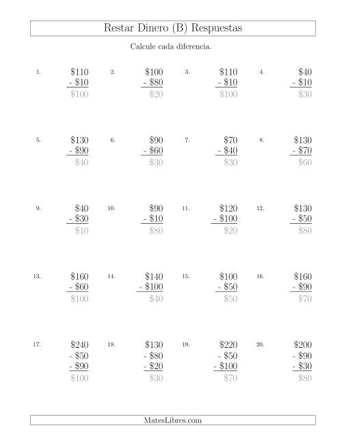 La hoja de ejercicios de Restar Pesos Mexicanos con Cantidades hasta $100 con Incrementos de $10 (B) Página 2