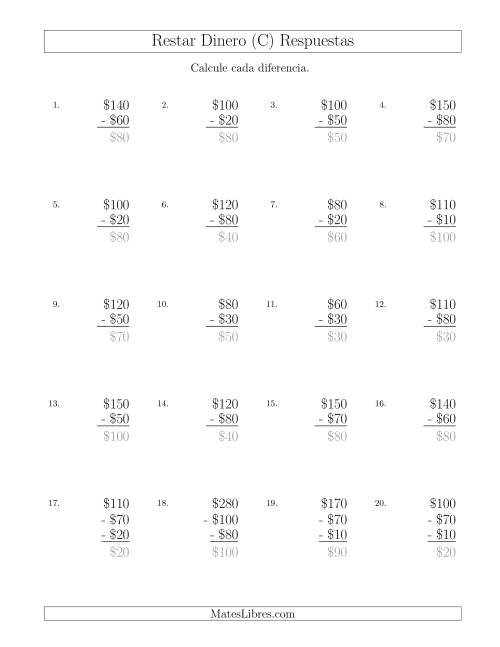 La hoja de ejercicios de Restar Pesos Mexicanos con Cantidades hasta $100 con Incrementos de $10 (C) Página 2