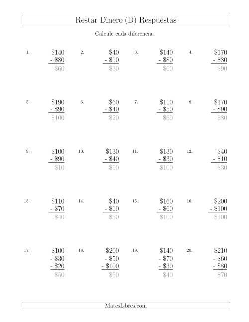 La hoja de ejercicios de Restar Pesos Mexicanos con Cantidades hasta $100 con Incrementos de $10 (D) Página 2