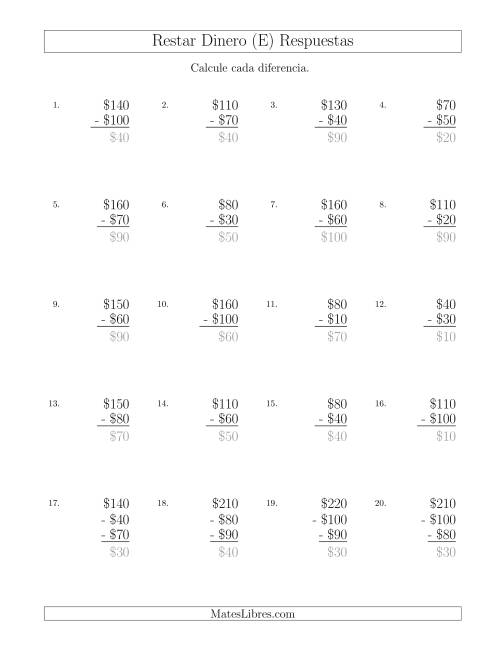 La hoja de ejercicios de Restar Pesos Mexicanos con Cantidades hasta $100 con Incrementos de $10 (E) Página 2
