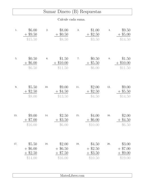 La hoja de ejercicios de Sumar Dólares con Cantidades hasta $10 con Incrementos de 50 Centavos (B) Página 2