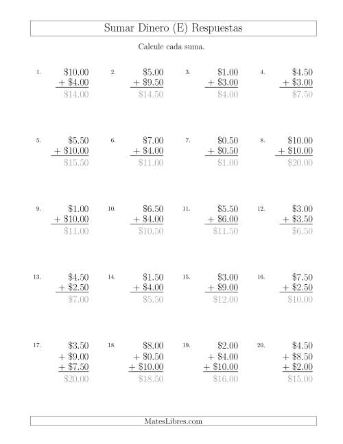 La hoja de ejercicios de Sumar Dólares con Cantidades hasta $10 con Incrementos de 50 Centavos (E) Página 2