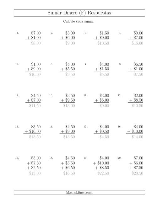 La hoja de ejercicios de Sumar Dólares con Cantidades hasta $10 con Incrementos de 50 Centavos (F) Página 2