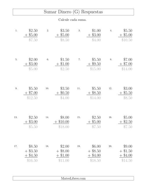 La hoja de ejercicios de Sumar Dólares con Cantidades hasta $10 con Incrementos de 50 Centavos (G) Página 2