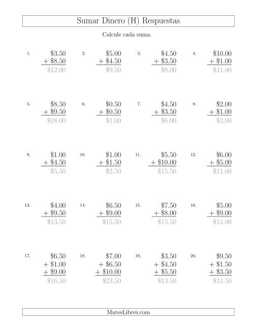 La hoja de ejercicios de Sumar Dólares con Cantidades hasta $10 con Incrementos de 50 Centavos (H) Página 2