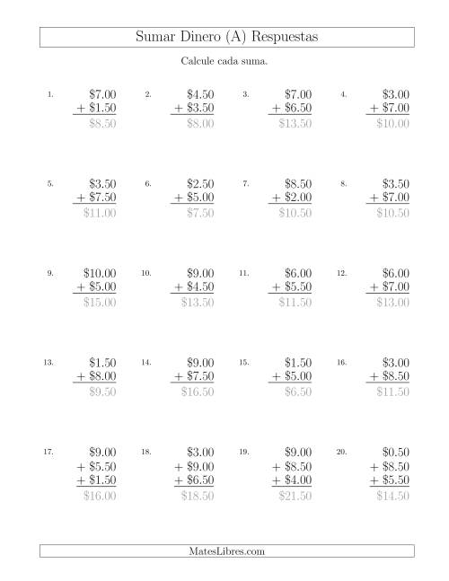 La hoja de ejercicios de Sumar Dólares con Cantidades hasta $10 con Incrementos de 50 Centavos (Todas) Página 2