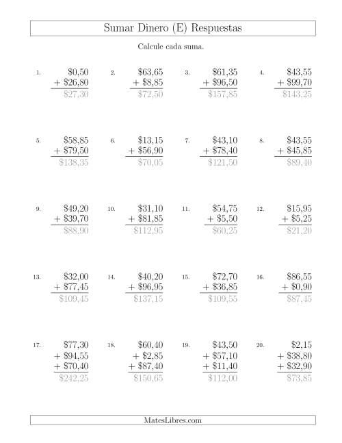 La hoja de ejercicios de Sumar Pesos Mexicanos con Cantidades hasta $100 con Incrementos de 5 Centavos (E) Página 2
