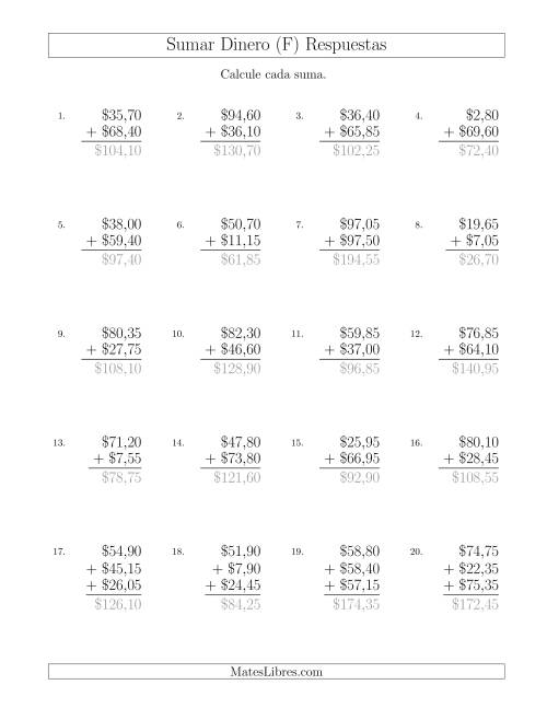 La hoja de ejercicios de Sumar Pesos Mexicanos con Cantidades hasta $100 con Incrementos de 5 Centavos (F) Página 2