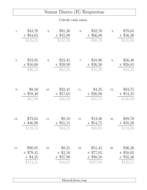 La hoja de ejercicios de Sumar Pesos Mexicanos con Cantidades hasta $100 con Incrementos de 5 Centavos (H) Página 2