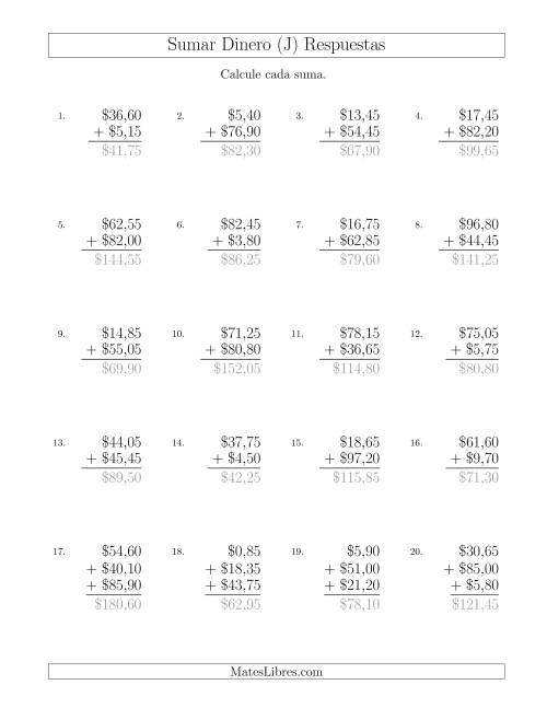 La hoja de ejercicios de Sumar Pesos Mexicanos con Cantidades hasta $100 con Incrementos de 5 Centavos (J) Página 2