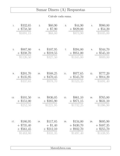 La hoja de ejercicios de Sumar Pesos Mexicanos con Cantidades hasta $1000 con Incrementos de 5 Centavos (A) Página 2