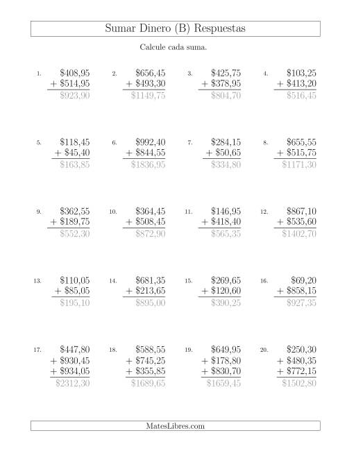 La hoja de ejercicios de Sumar Pesos Mexicanos con Cantidades hasta $1000 con Incrementos de 5 Centavos (B) Página 2