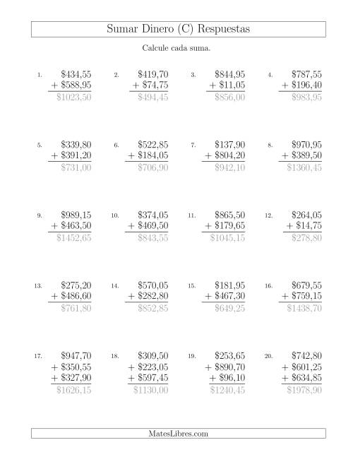 La hoja de ejercicios de Sumar Pesos Mexicanos con Cantidades hasta $1000 con Incrementos de 5 Centavos (C) Página 2