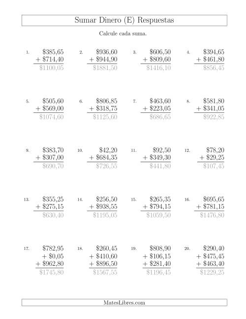 La hoja de ejercicios de Sumar Pesos Mexicanos con Cantidades hasta $1000 con Incrementos de 5 Centavos (E) Página 2