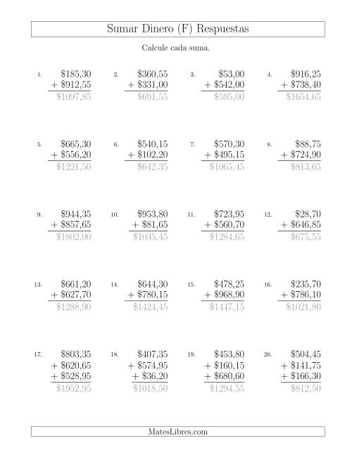 La hoja de ejercicios de Sumar Pesos Mexicanos con Cantidades hasta $1000 con Incrementos de 5 Centavos (F) Página 2