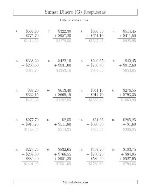La hoja de ejercicios de Sumar Pesos Mexicanos con Cantidades hasta $1000 con Incrementos de 5 Centavos (G) Página 2