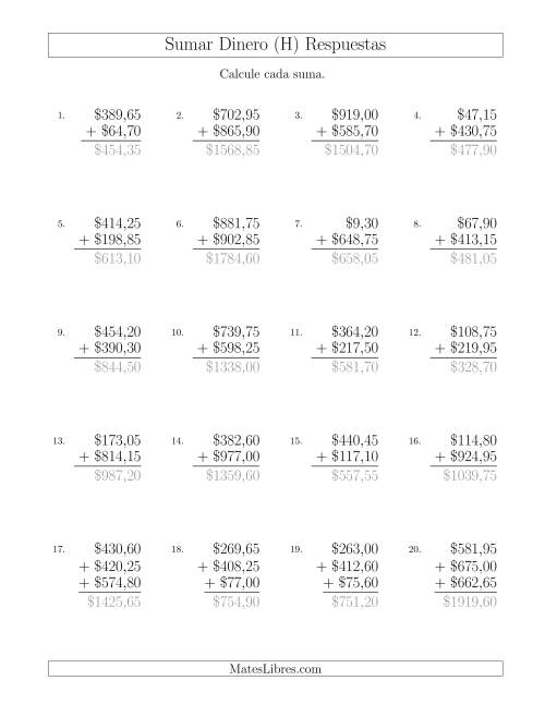 La hoja de ejercicios de Sumar Pesos Mexicanos con Cantidades hasta $1000 con Incrementos de 5 Centavos (H) Página 2