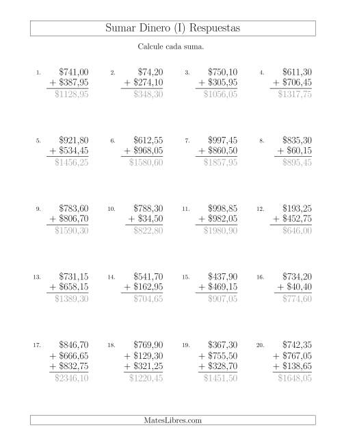 La hoja de ejercicios de Sumar Pesos Mexicanos con Cantidades hasta $1000 con Incrementos de 5 Centavos (I) Página 2