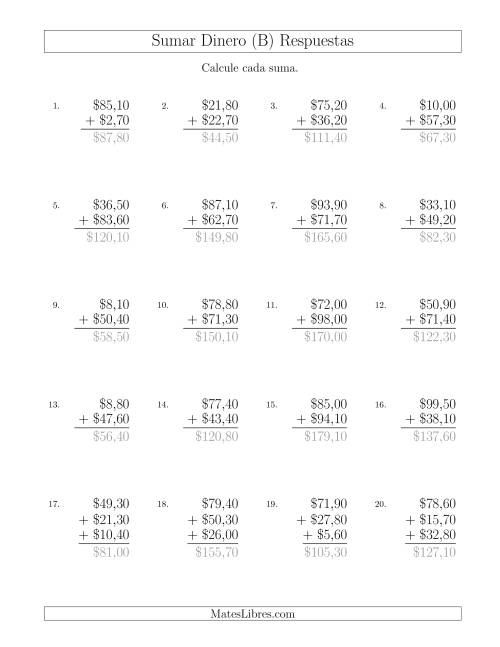 La hoja de ejercicios de Sumar Pesos Mexicanos con Cantidades hasta $100 con Incrementos de 10 Centavos (B) Página 2
