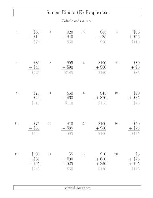 La hoja de ejercicios de Sumar Pesos Mexicanos con Cantidades hasta $100 con Incrementos de $5 (E) Página 2