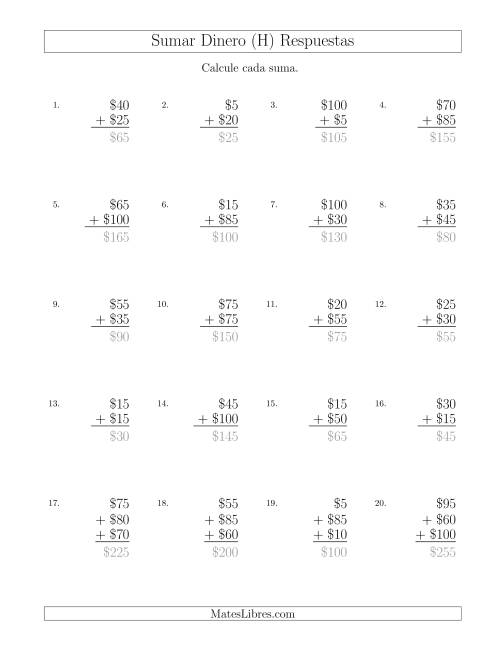 La hoja de ejercicios de Sumar Pesos Mexicanos con Cantidades hasta $100 con Incrementos de $5 (H) Página 2